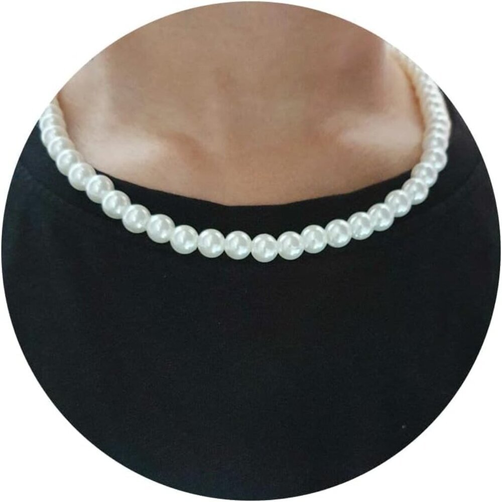 Pearl Necklace for Men, 6mm 8mm White Round Pearl Choker Necklace Fashion Jewelr